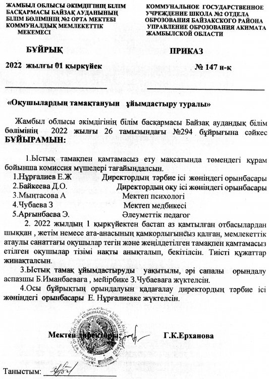 Оқушылардың тамақтануын ұйымдастыру туралы бұйрық