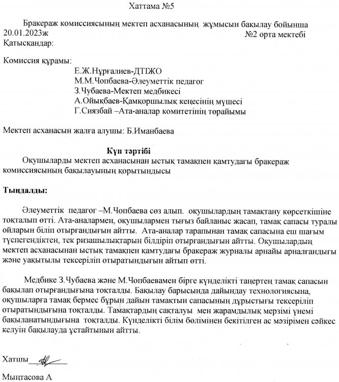 Бракераж комиссиясының мектеп асханасының жұмысын бақылау хаттамасы
