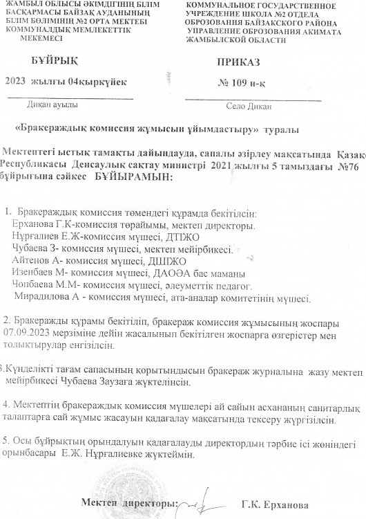 Бракераж комиссиясының жұмысын ұйымдастыру туралы